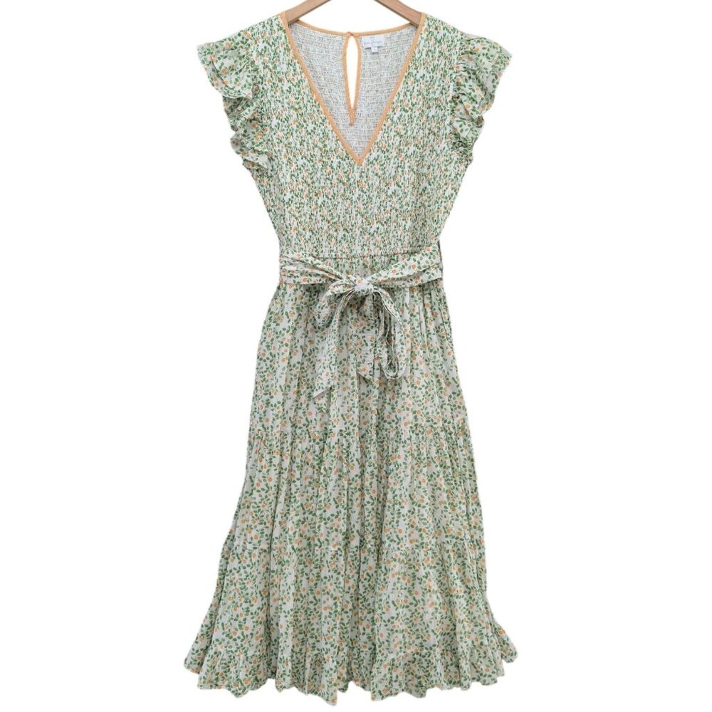 Dear Georgie Belted Midi Dress Green Orange Print Flutter Sleeve Tiered Size S